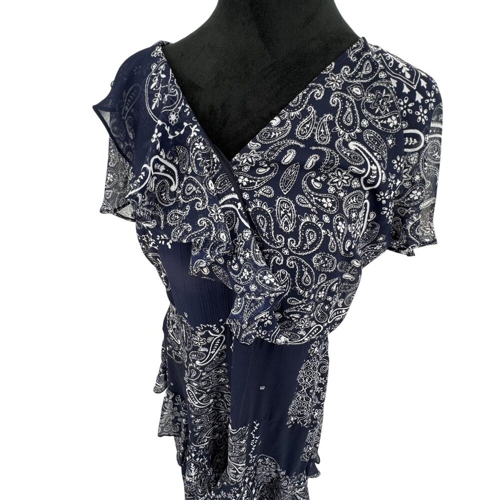 Chaps Maxi Dress Womens Size 12 Navy Paisley Ruffle Empire Waist Layered‎ Flowy